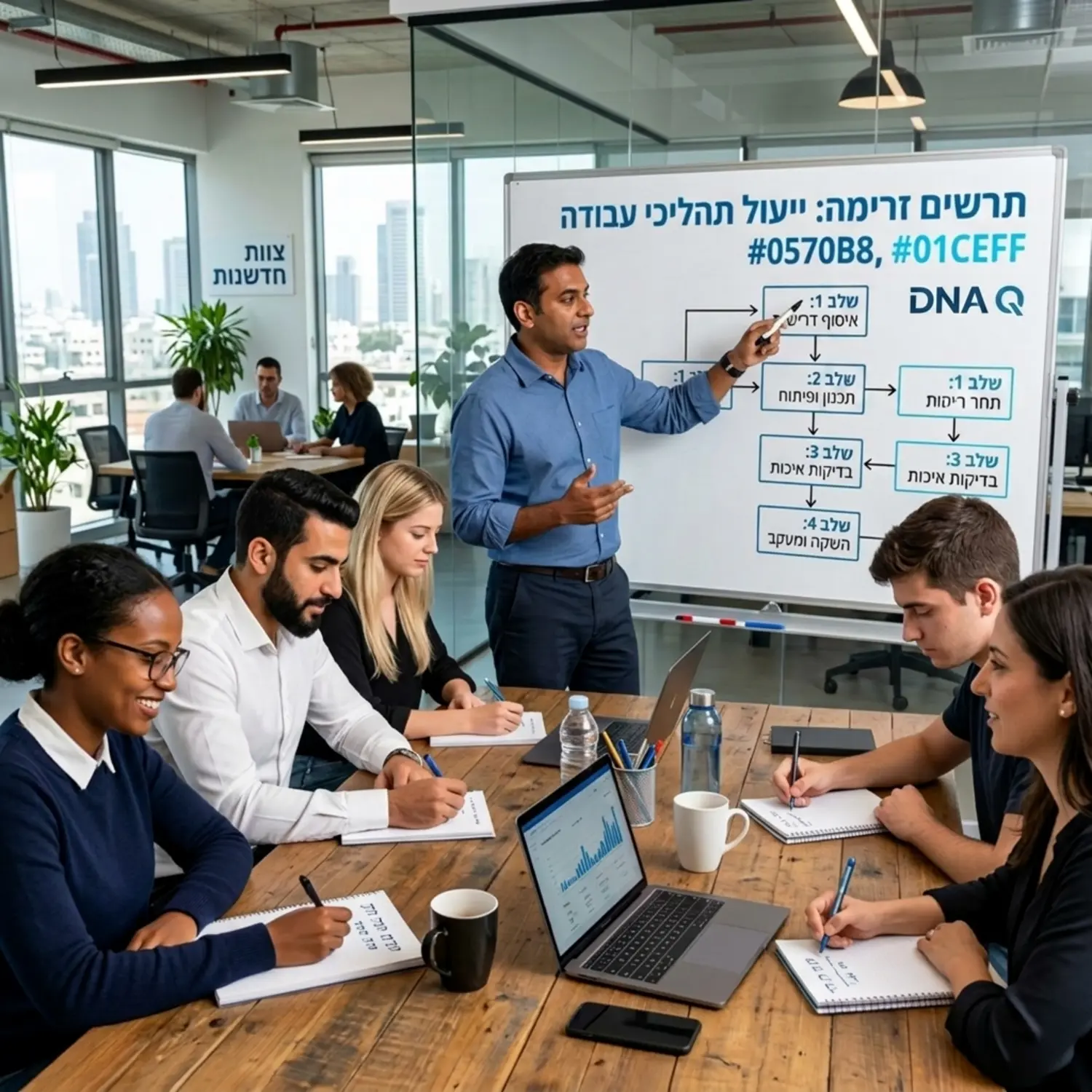 תמונה המציגה ישיבת צוות מגוונת במשרד מודרני מנהל עומד ליד לוח מחיק ומסביר תרשים זרימה של תהליכי עבודה תוך כדי שהעובדים משתתפים באופן פעיל ורושמים הערות