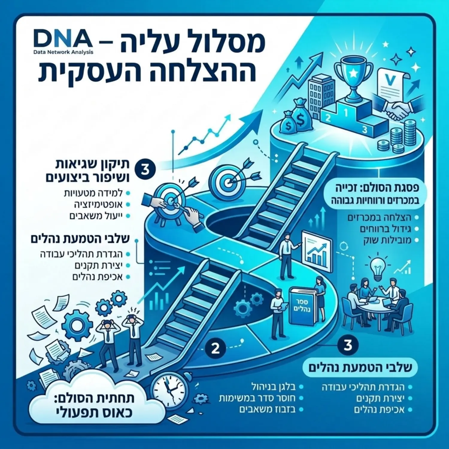 אינפוגרפיקה המציגה מסלול של עלייה בסולם ההצלחה העסקית מתחתית הסולם בה יש כאוס תפעולי דרך שלבי הטמעת נהלים תיקון שגיאות ועד לפסגת הסולם המייצגת זכייה במכרזים ורווחיות גבוהה