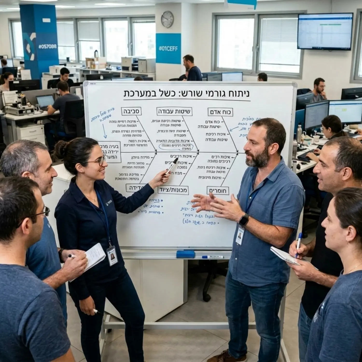 קבוצת מהנדסים ישראלים עומדים מול לוח מחיק שעליו משורטט תרשים עצם דג, אחד מהם מצביע על הלוח עם טוש, כולם נראים מעורבים בדיון מעמיק לפתרון בעיות.