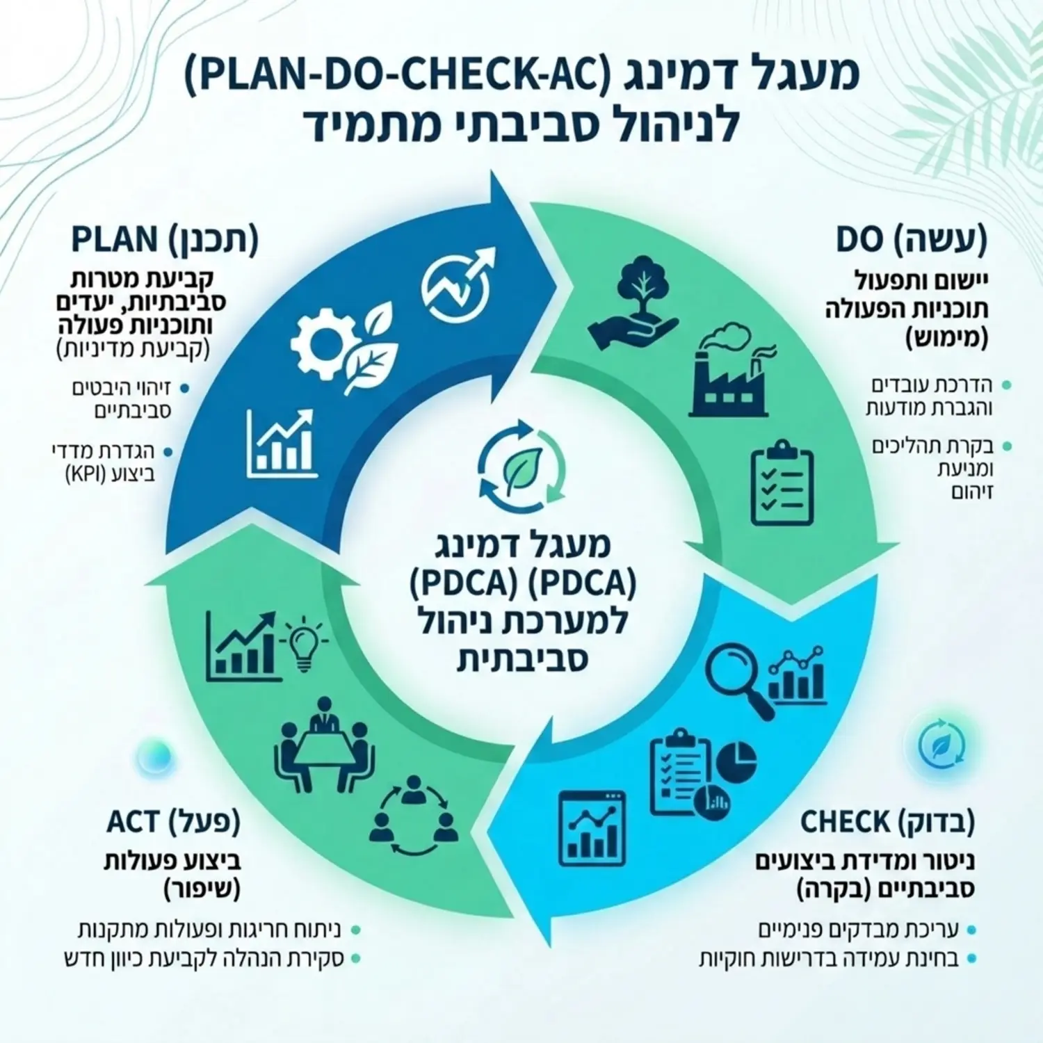 אינפוגרפיקה מקצועית ונקייה המציגה את מעגל דמינג של תכנן, עשה, בדוק, פעל בהקשר של מערכת ניהול סביבתית, עם אייקונים סולידיים וצבעים רגועים של כחול וירוק