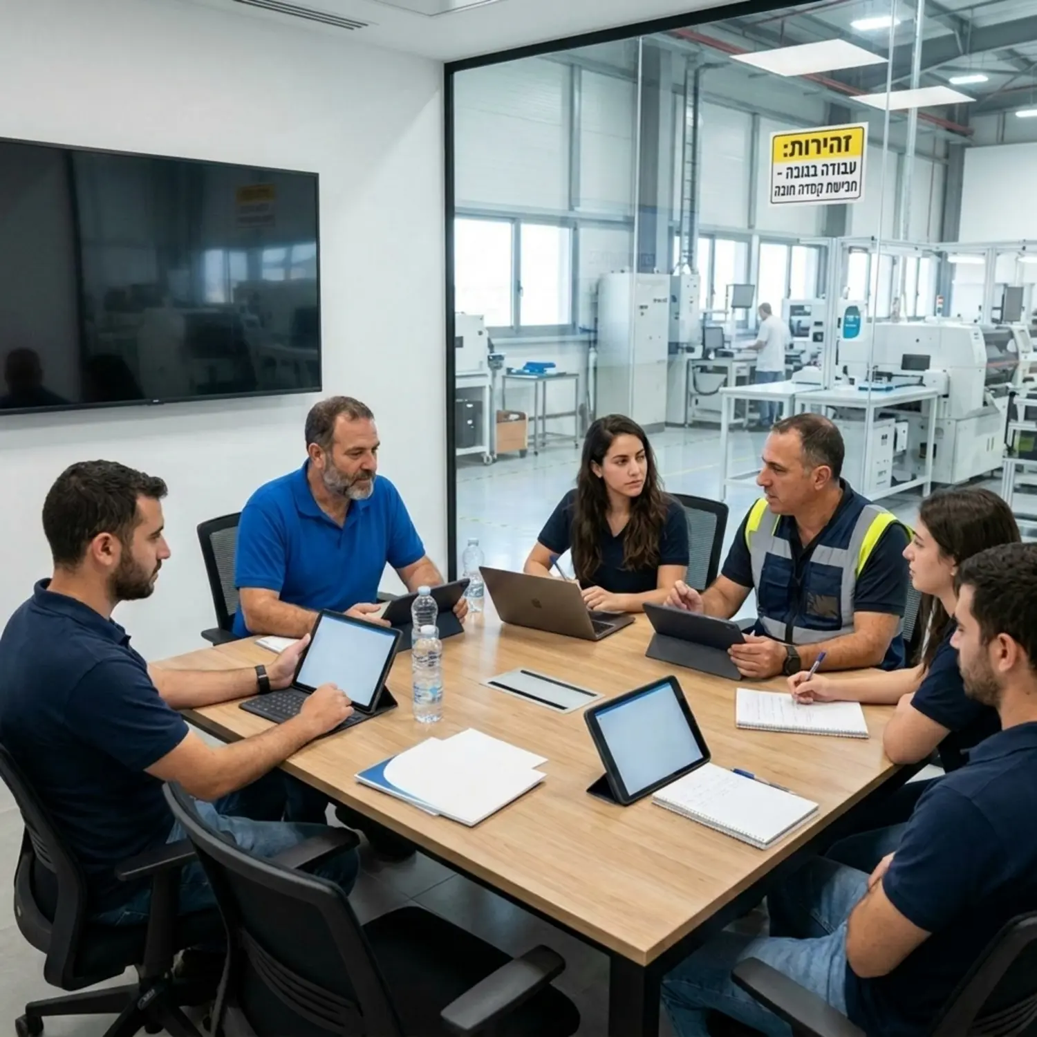 צוות עובדים ישראלי בסביבת תעשייה נקייה, יושבים סביב שולחן ישיבות עם טאבלטים ומסמכים, מקיימים ישיבת צוות בנושא בטיחות וגיהות
