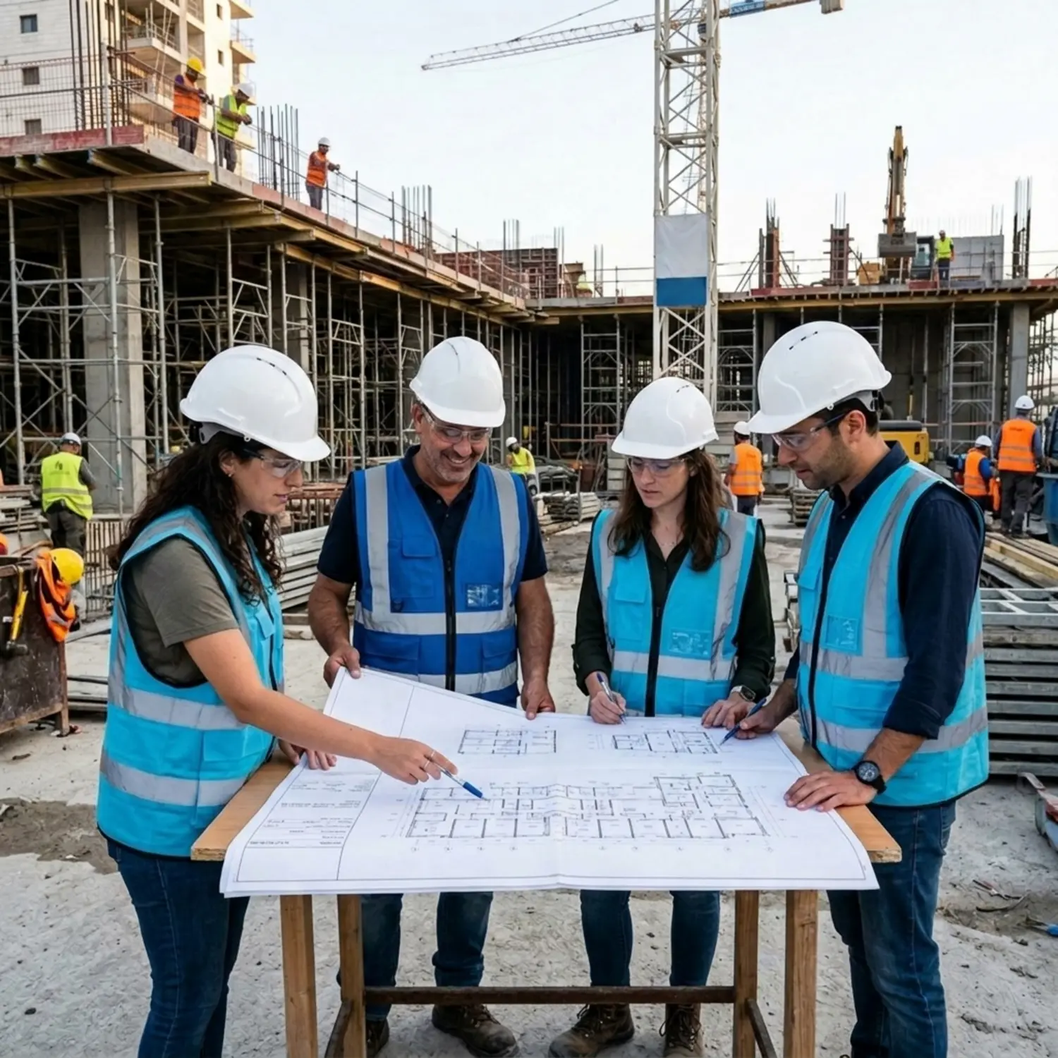 קבוצת מהנדסים ומנהלי עבודה חובשים קסדות בטיחות לבנות ואפודי מגן זוהרים, עומדים באתר בנייה ומסתכלים יחד על תוכניות עבודה המודפסות על נייר גדול