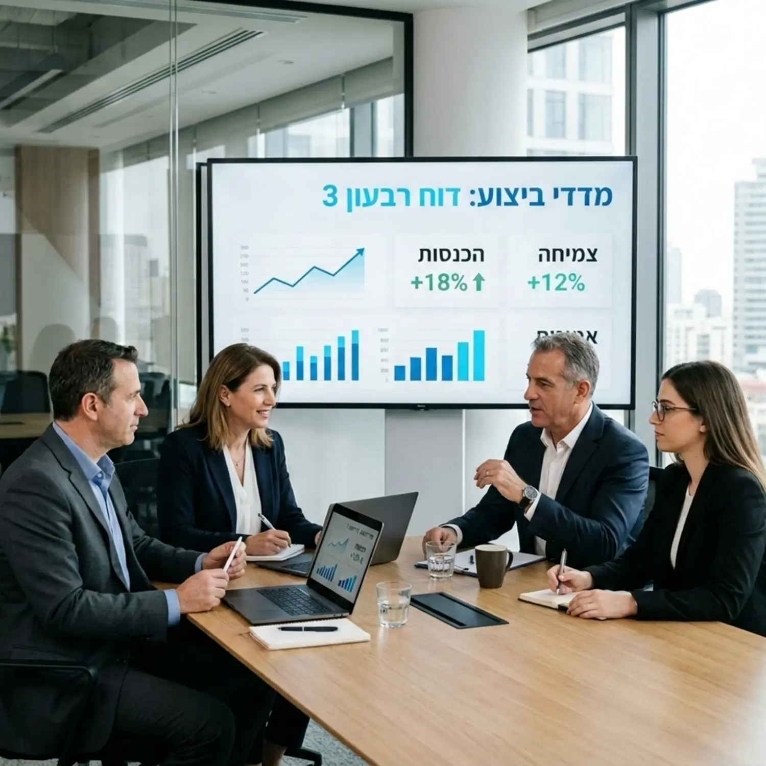 צילום נקי ומקצועי של צוות הנהלה יושב סביב שולחן ישיבות מודרני, מביטים על מסך גדול המציג גרפים של עליה במדדי ביצוע. האנשים לבושים בלבוש עסקי קלאסי ונראים ממוקדים.