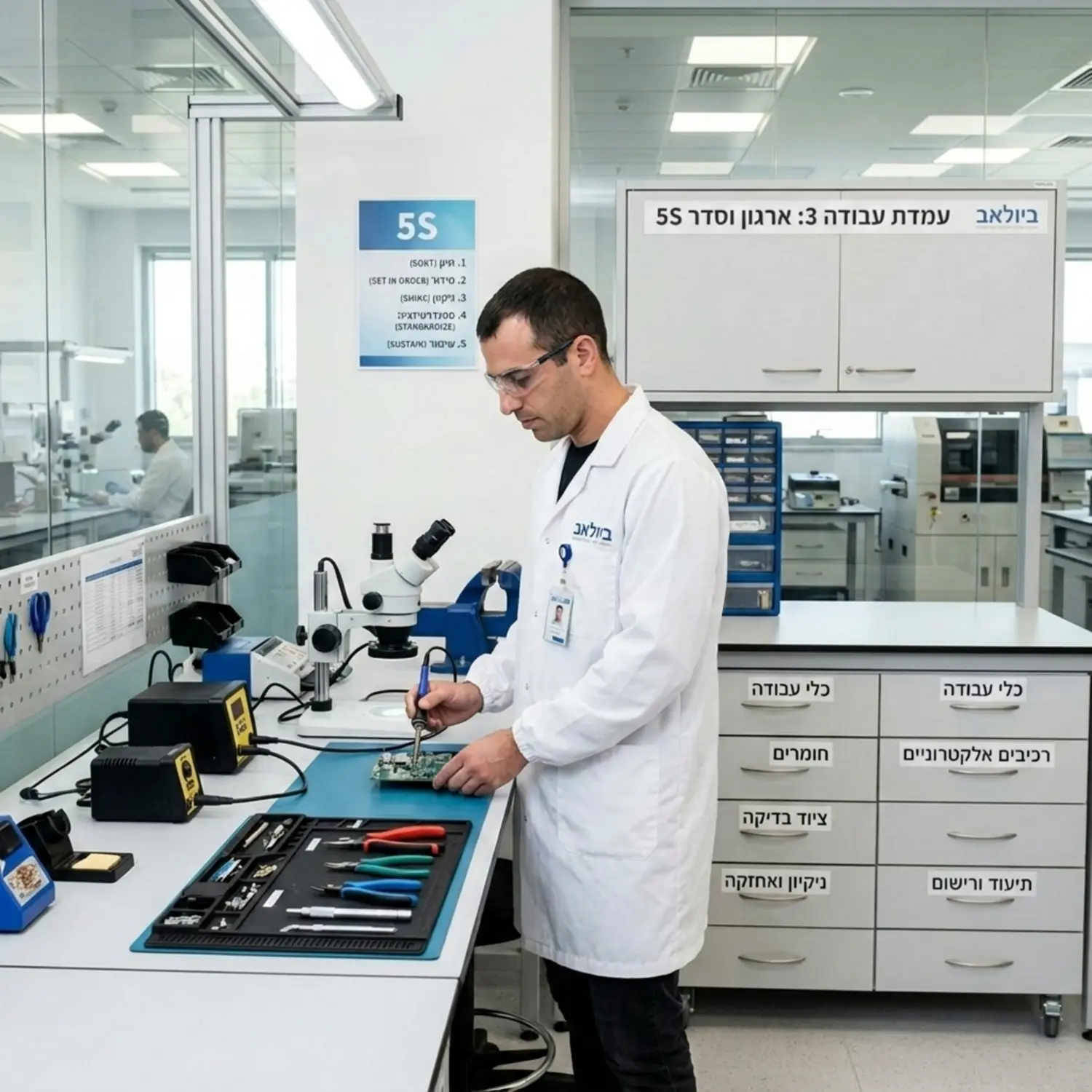 צילום במפעל הייטק או מעבדה ישראלית נקייה, עובד מקצועי בחלוק לבן או בגדי עבודה מוקפדים עומד ליד עמדת עבודה מאורגנת להפליא עם מגירות מתויגות, משדר סדר וארגון מופתי לפי עקרונות חמשת האסים.