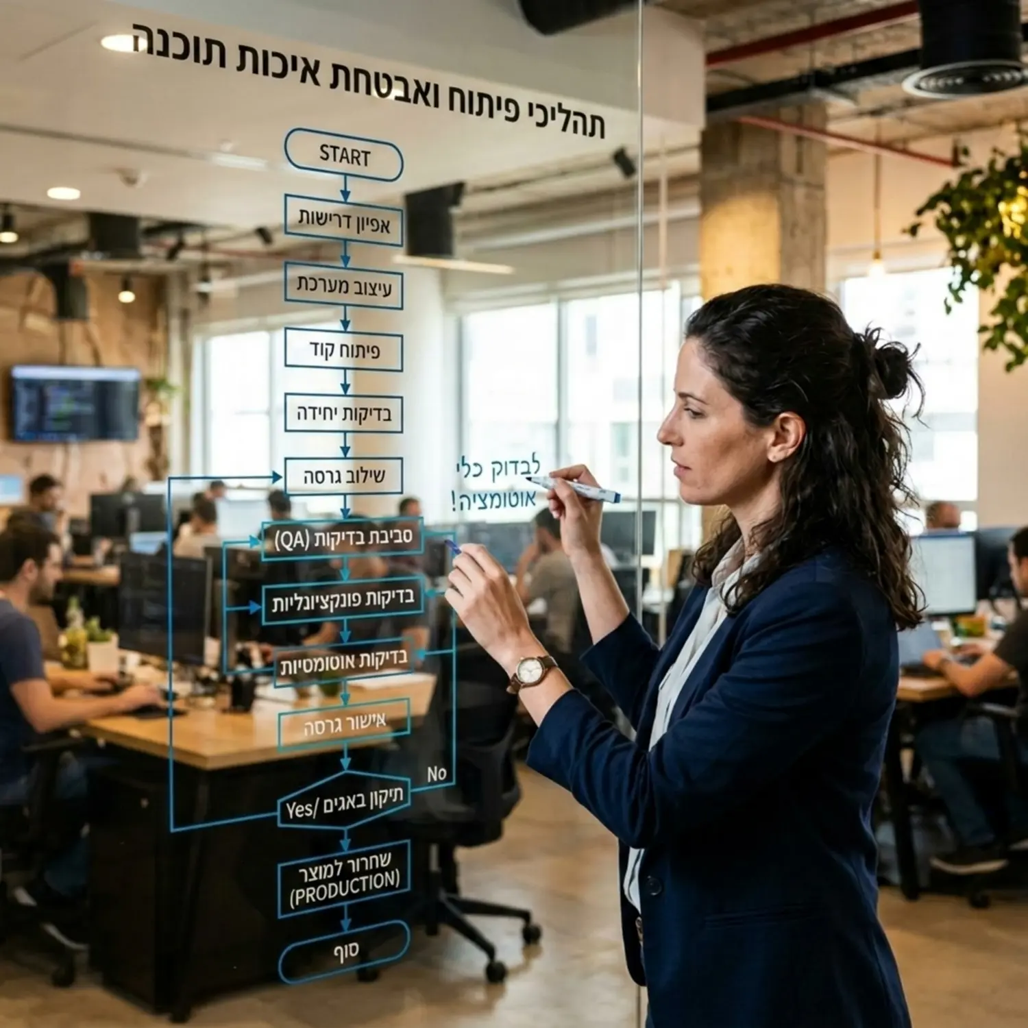 מנהלת פרויקטים בוחנת תרשים זרימה של תהליכי פיתוח ואבטחת איכות תוכנה על גבי לוח זכוכית במשרד הייטק, כותבת הערות בעט מחיק.