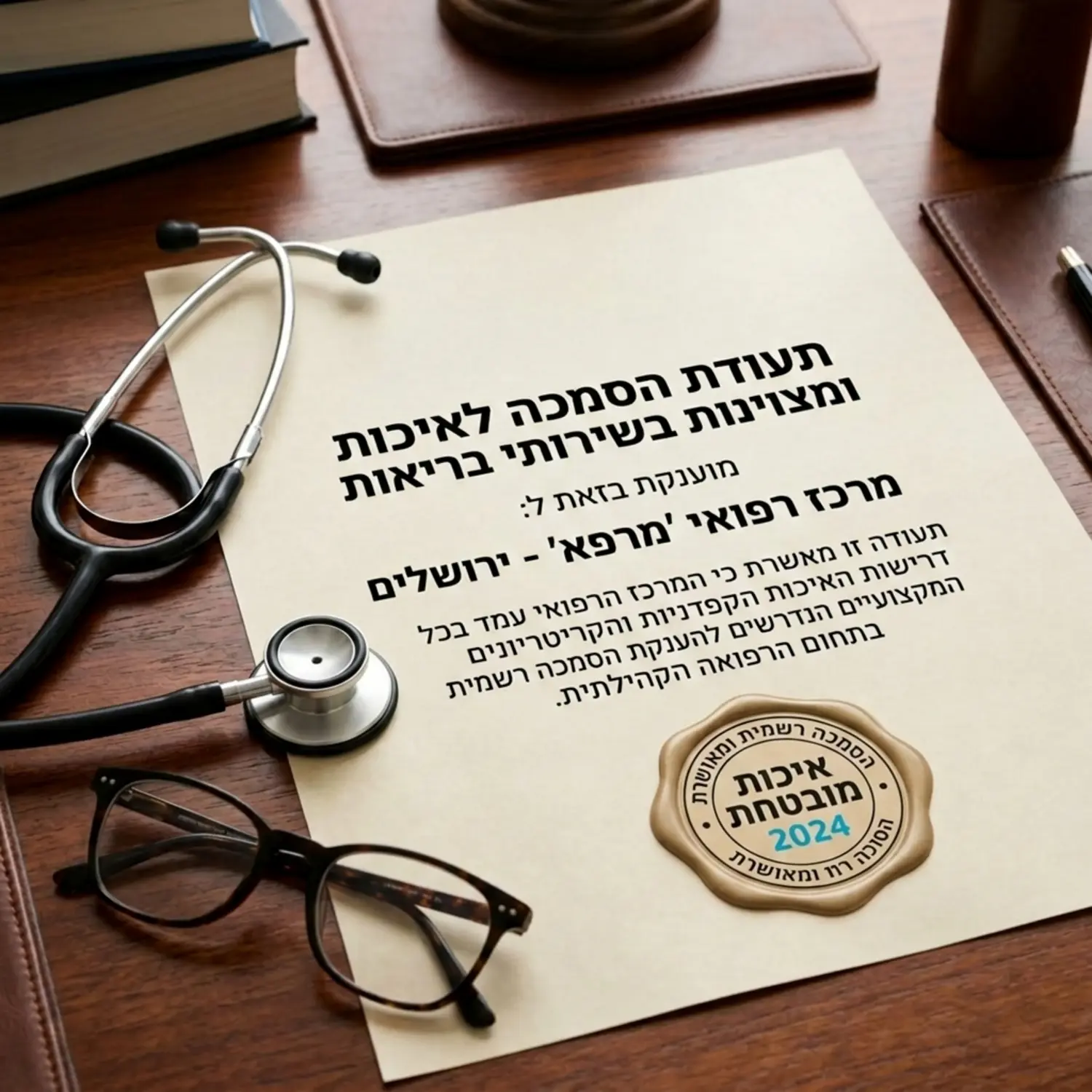 מסמך הסמכה רשמי עם חותמת איכות גדולה שמונח על שולחן עץ מהודר, לידו מונחים סטטוסקופ ומשקפי קריאה. התמונה יוצרת חיבור חזק בין עולם הרפואה לעולם הרגולציה וההסמכה הרשמית.