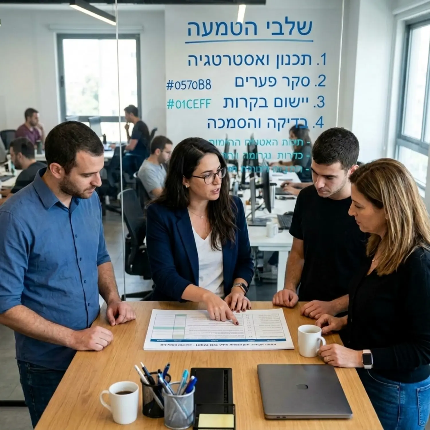 צוות עובדים במשרד הייטק עומדים סביב שולחן עבודה, בוחנים מסמך תקינה מודפס, ברקע לוח זכוכית עליו רשומים תהליכי עבודה בצורה מסודרת, ללא אלמנטים מצוירים