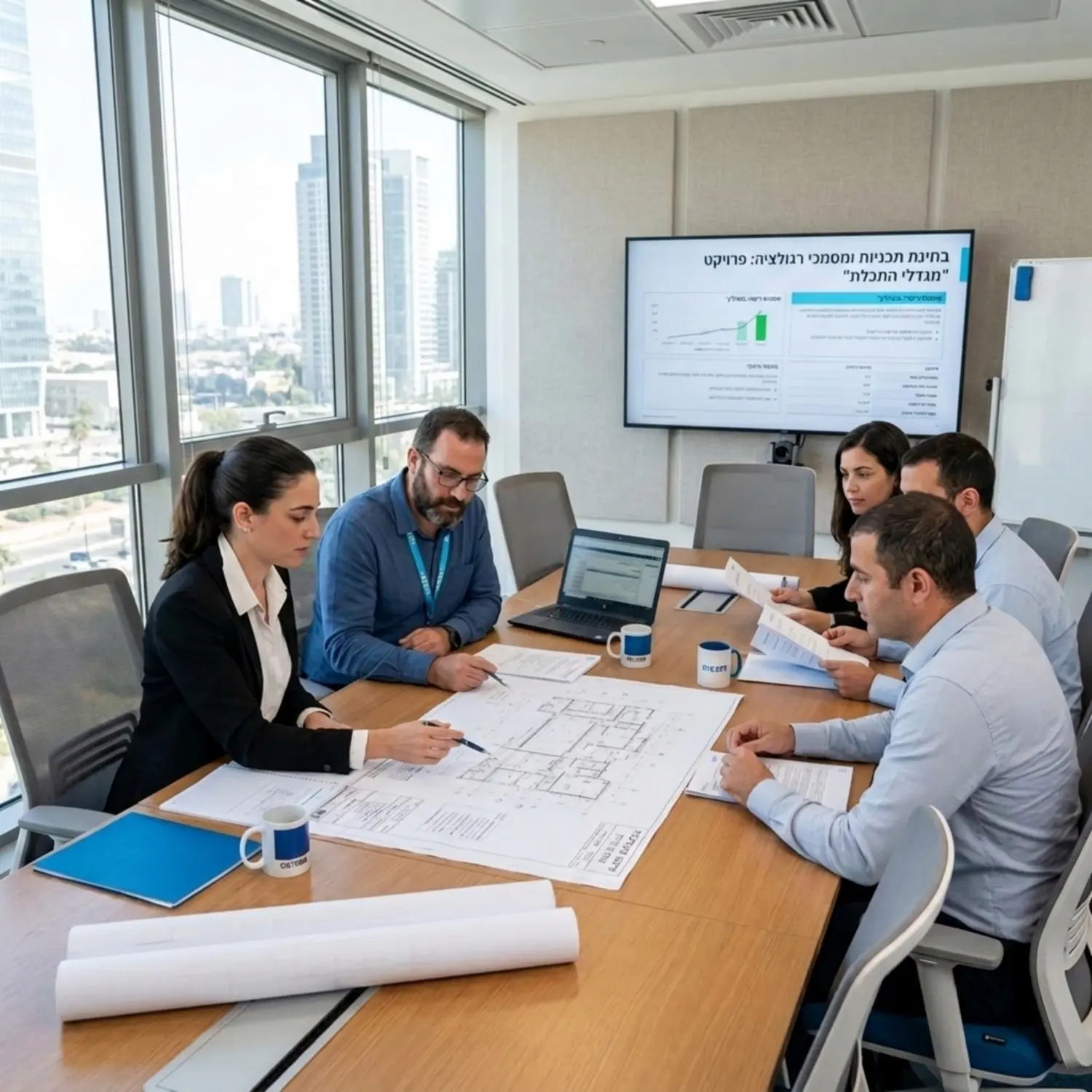 אנשי מקצוע יושבים בחדר ישיבות מודרני מוארים באור טבעי, בוחנים שרטוטים הנדסיים מודפסים ומסמכי רגולציה על גבי מסך גדול, באווירה מקצועית ונקייה.